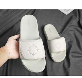 Adjustable Slides Mens White Leather Sandals Knitting Fabric Upper Material