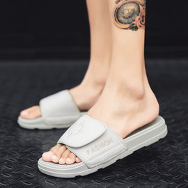 Adjustable Slides Mens White Leather Sandals Knitting Fabric Upper Material